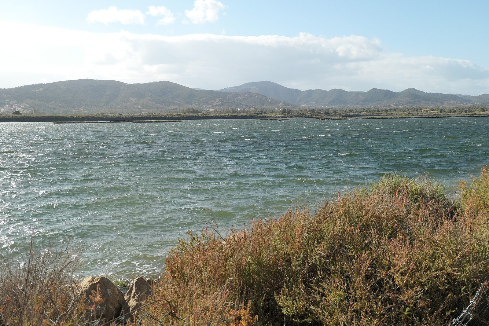 Lo stagno di Sa Praia increspato dal vento, con vegetazione costiera e montagne sullo sfondo